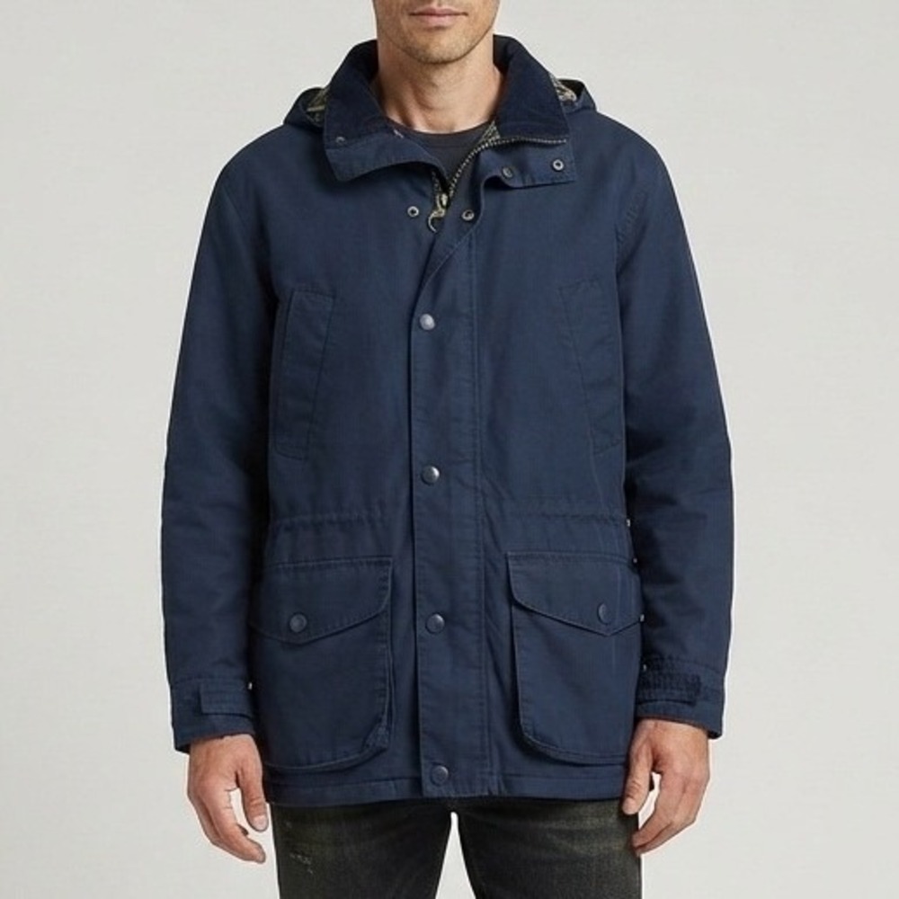 Vintage Eddie Bauer Mens L Navy Blue Flannel Plaid Lined Hooded Field Jacket